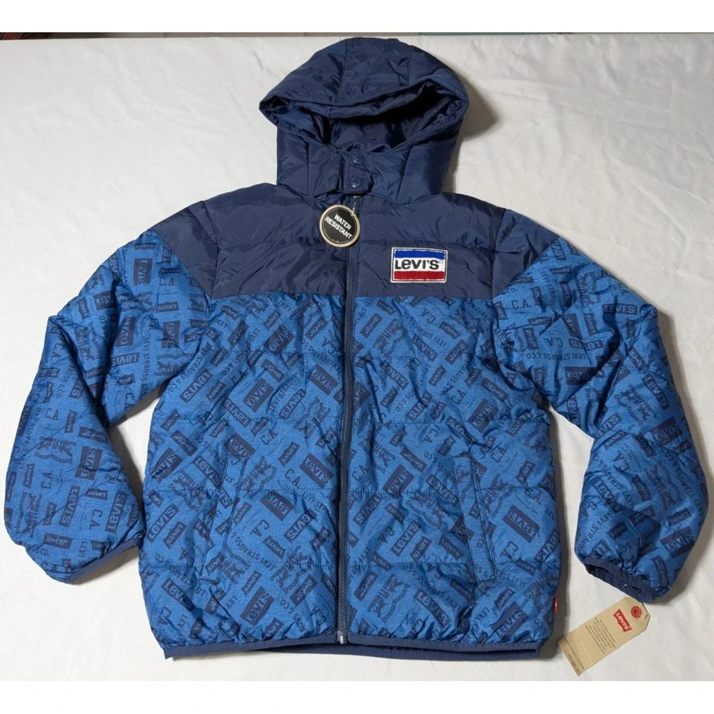 LEVIS Boys Large (12-13 Yrs) Blue Colorblock Zip Logo Hooded Puffer Jacket NEW‎